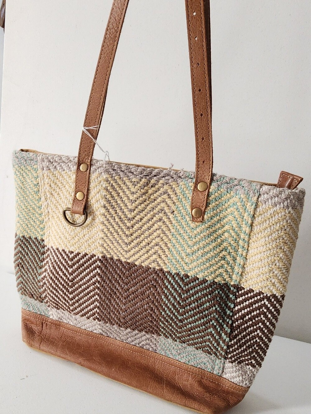 Muza Multicolor Woven Chevron Tote with Brown Leather Trim